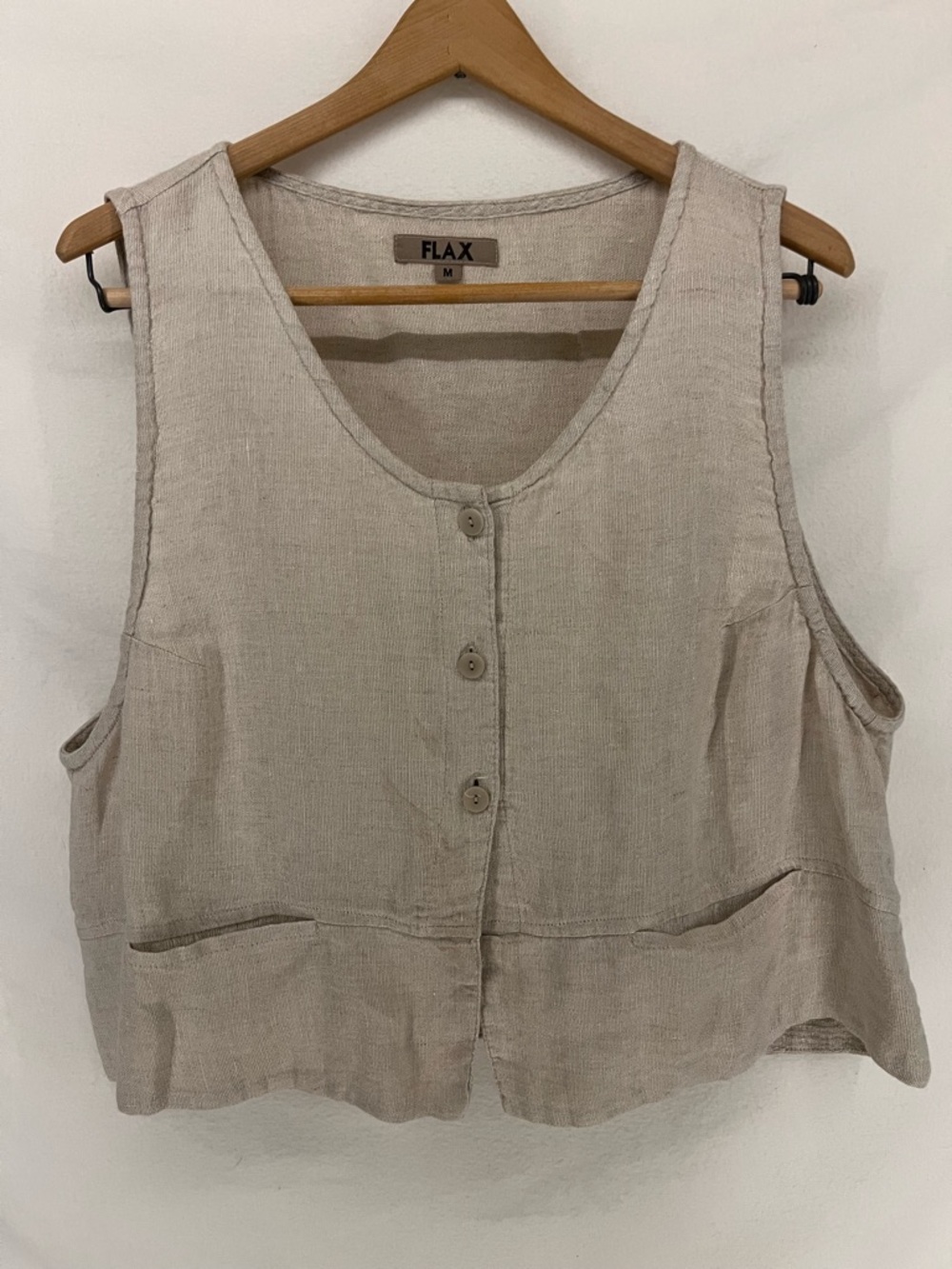 FLAX Women’s 100% Linen Beige Button Up Vest Top Size M Lagenlook Minimalist